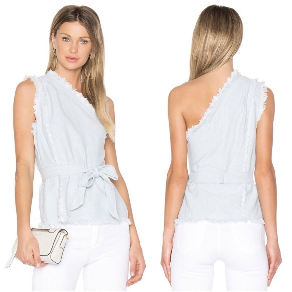 Paige Emmanuelle x Rosie HW One Shoulder Top Frayed Light Wash Denim Blue Medium